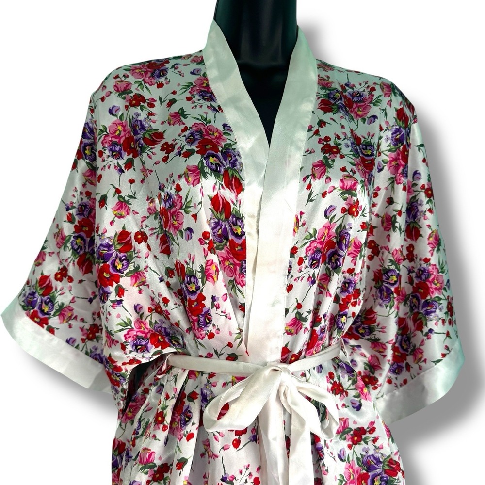 Vintage 90s Frederick's of Hollywood Floral Robe Lingerie Large Satin Overcoat - Picture 2 of 9